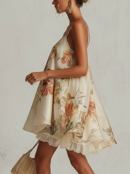 Blanche | Mini Robe Trapèze en Organza Fleuri Beige à Bordure en Dentelle