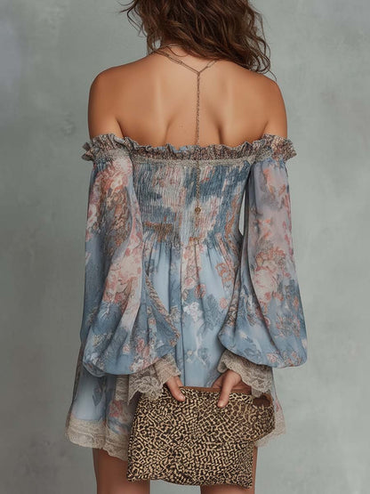 Romane | Mini Robe en Mousseline Froncée Épaules Dénudées à Fleurs Romantiques