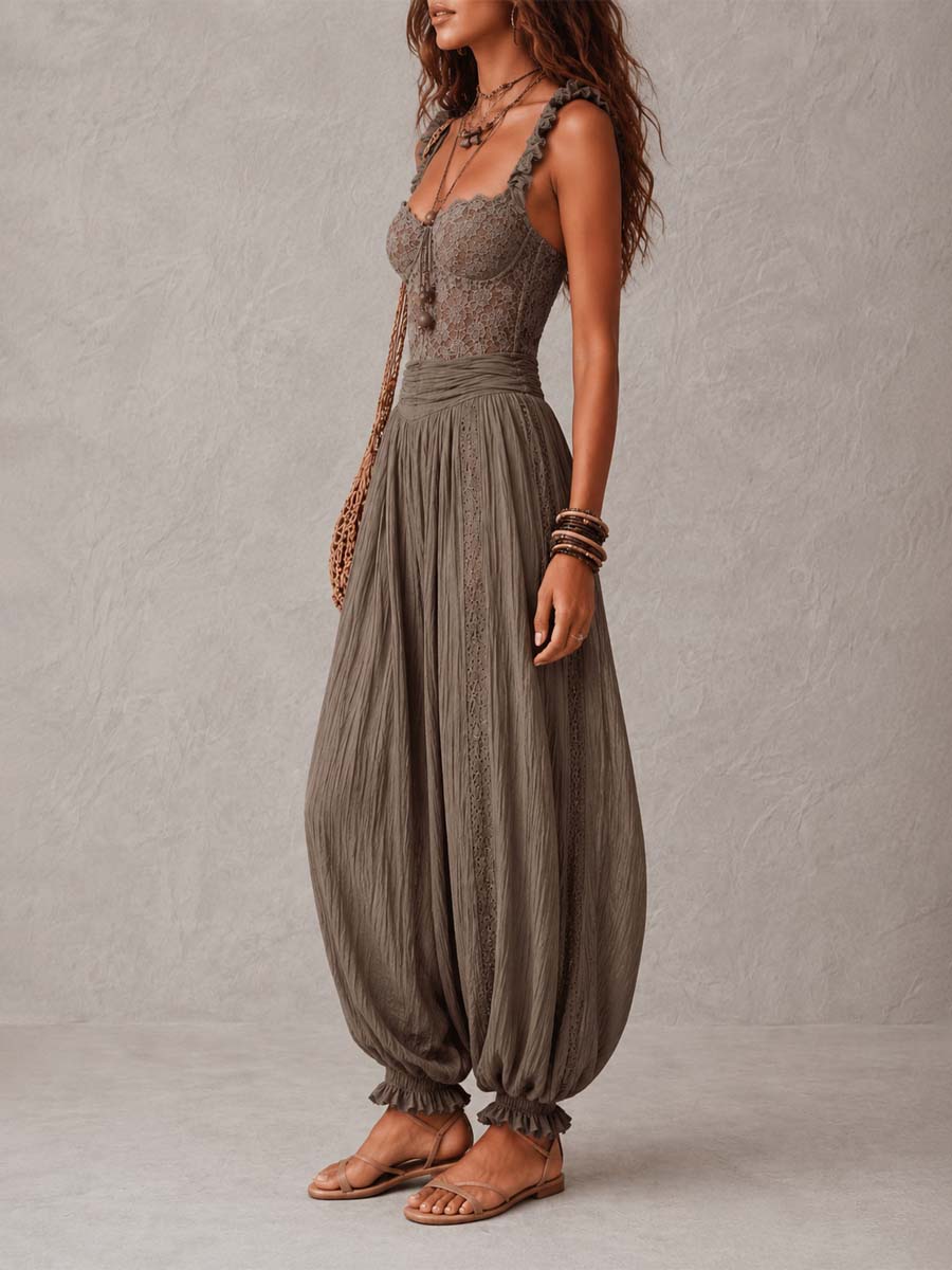 Wanda · Ensemble Bandeau en Dentelle Grise et Pantalon Sarouel Plissé