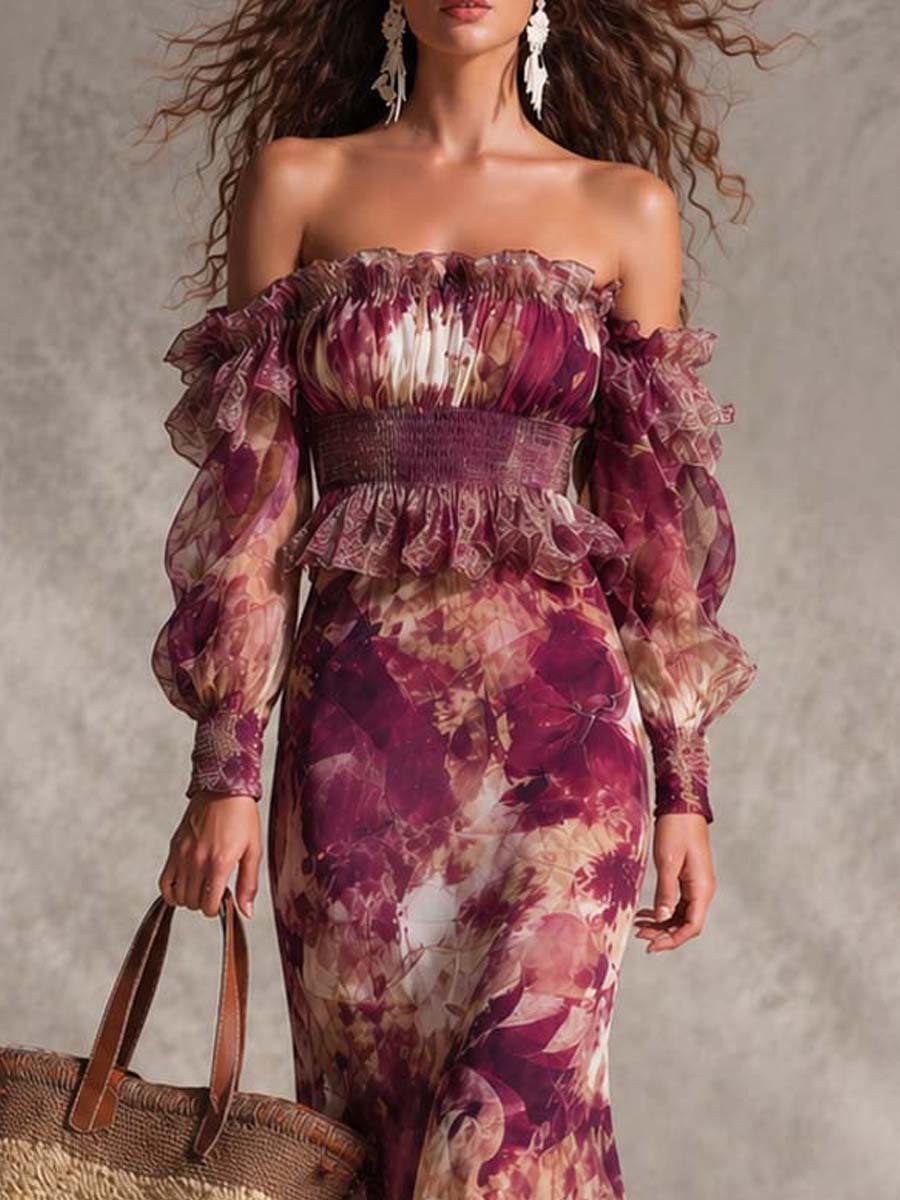 Robe Longue en Mousseline Rose Poudré Fleurie Épaules Dénudées