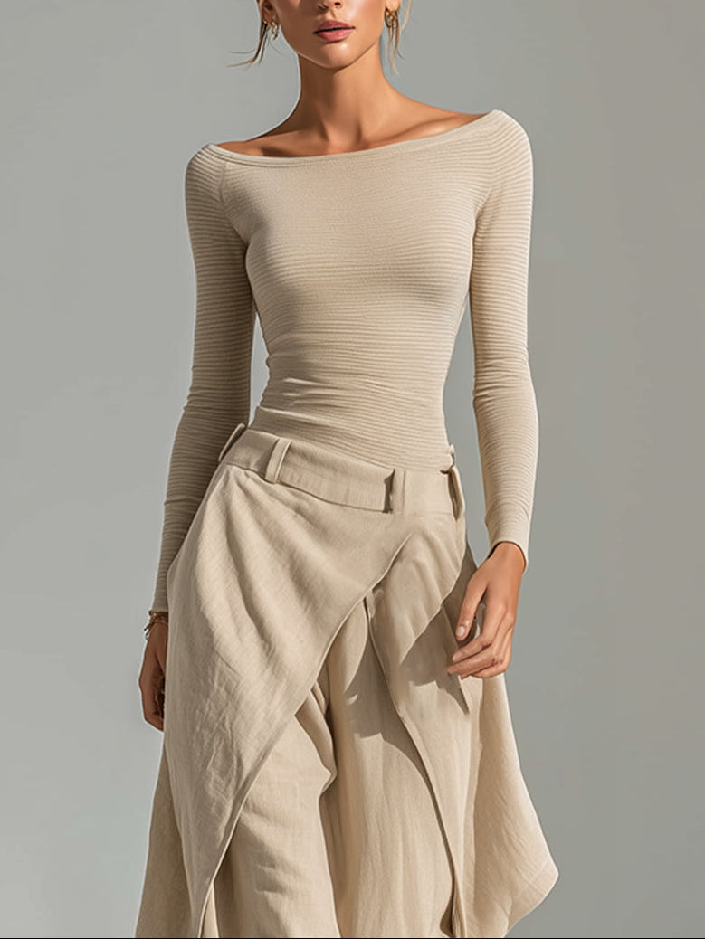 Giuliana | Ensemble Top Col Bateau et Pantalon Large Beige