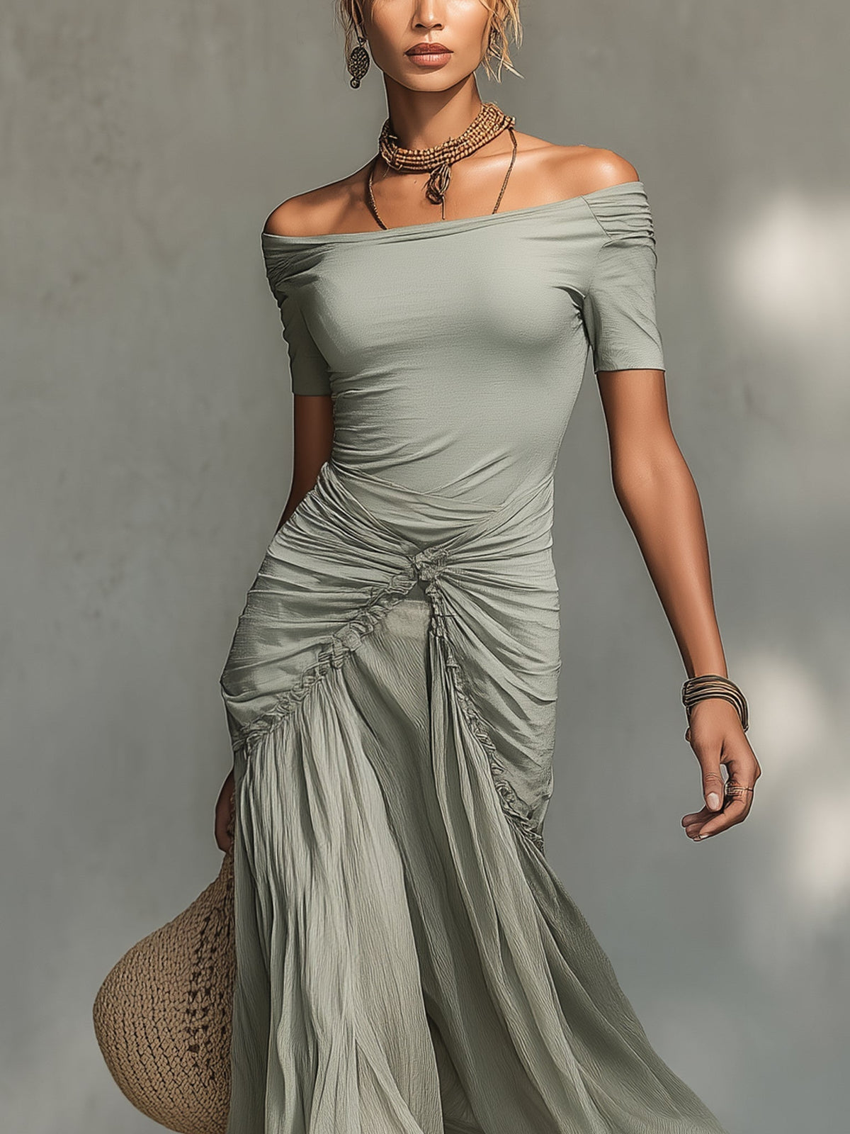 Robe Maxi Grise en Tissu Stretch et Mousseline