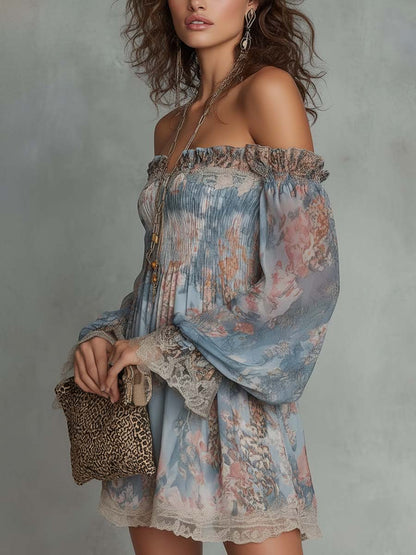 Romane | Mini Robe en Mousseline Froncée Épaules Dénudées à Fleurs Romantiques