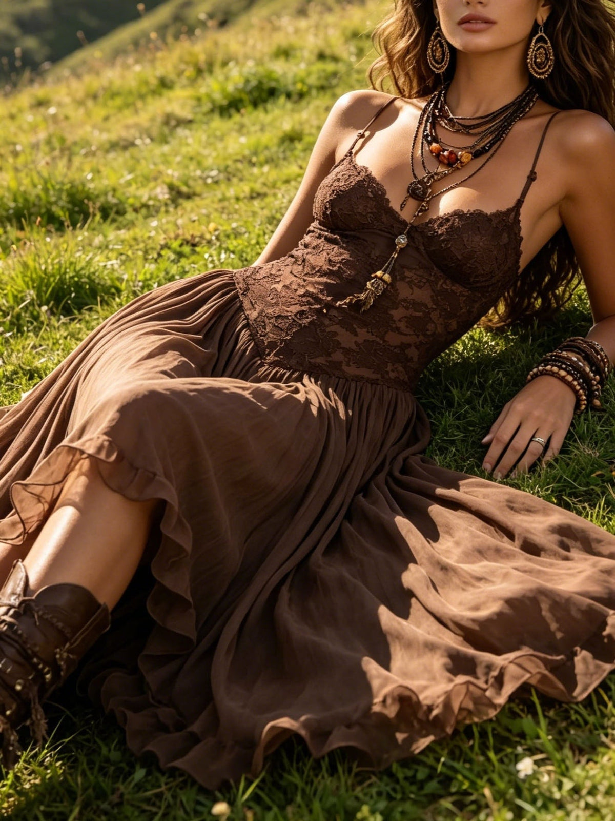Robe Longue en Mousseline et Dentelle Marron Foncé
