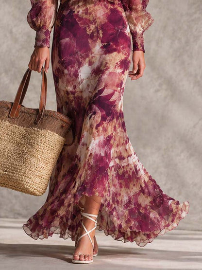 Robe Longue en Mousseline Rose Poudré Fleurie Épaules Dénudées