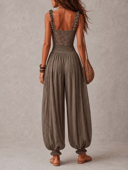 Wanda · Ensemble Bandeau en Dentelle Grise et Pantalon Sarouel Plissé