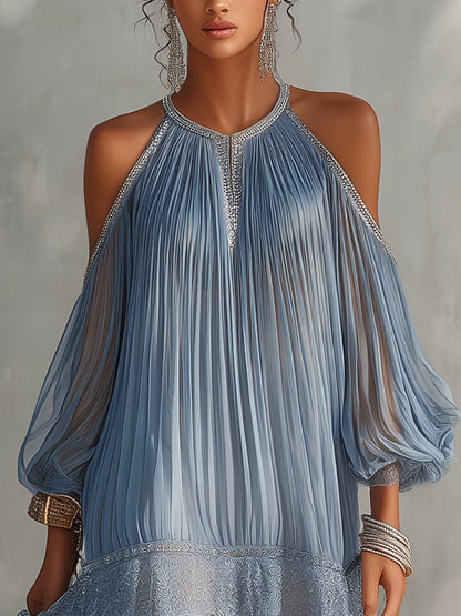 Séraphine | Mini Robe Bleue Froncée Épaules Dénudées à Ourlet en Dentelle