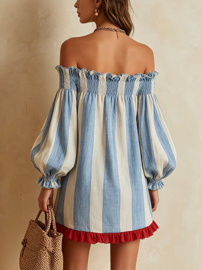 Ondine | Mini Robe Rayée Bleu et Blanc Épaules Dénudées à Ourlet Contrasté