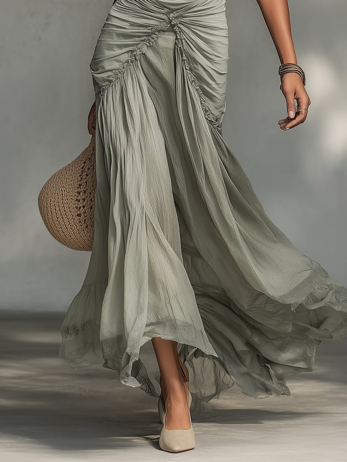 Robe Maxi Grise en Tissu Stretch et Mousseline
