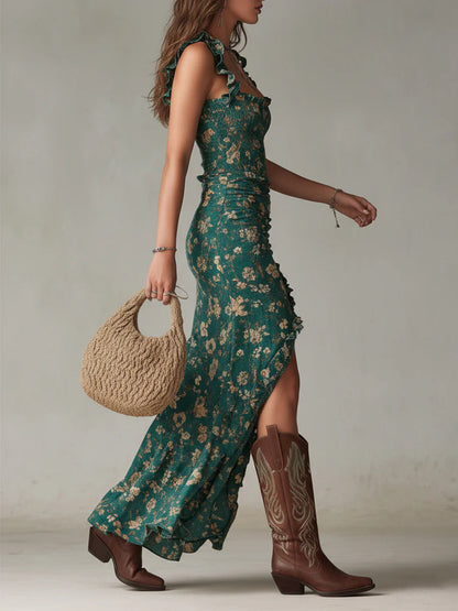 Robe Maxi Bohème Imprimée Verte à Manches Volantées