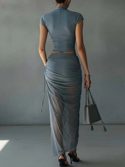 Ensemble Bleu T-Shirt Court et Jupe Drapée en Mesh Semi-Transparent