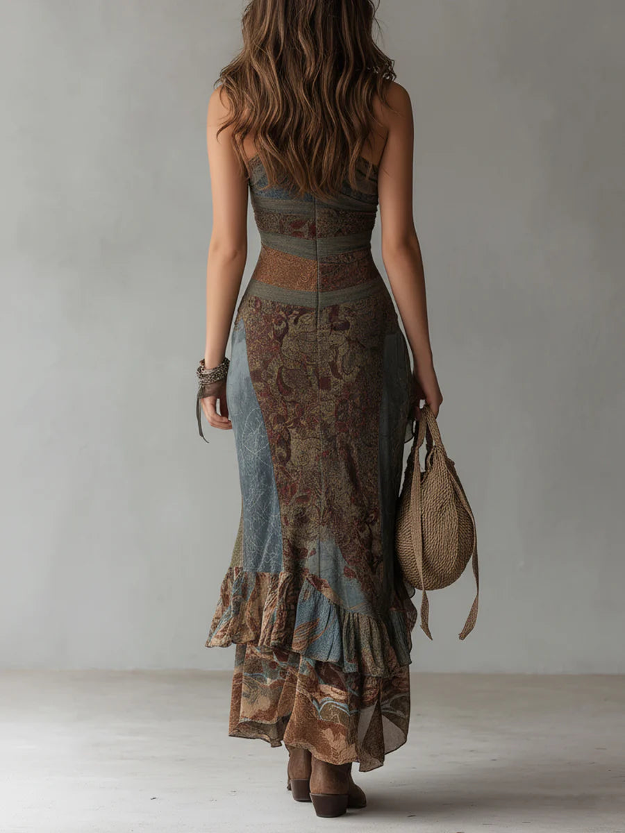 Robe Maxi Asymétrique à Une Épaule, Imprimé Ethnique et Fente Haute