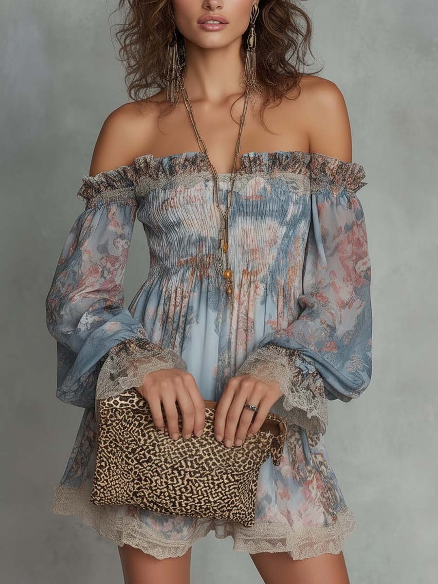Romane | Mini Robe en Mousseline Froncée Épaules Dénudées à Fleurs Romantiques