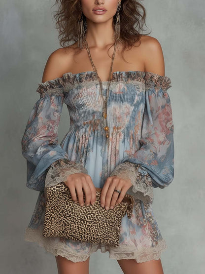 Romane | Mini Robe en Mousseline Froncée Épaules Dénudées à Fleurs Romantiques