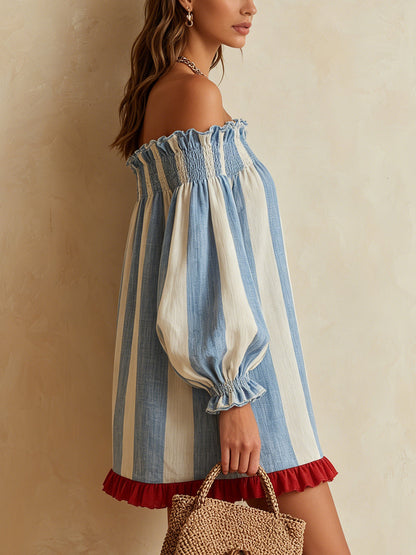 Ondine | Mini Robe Rayée Bleu et Blanc Épaules Dénudées à Ourlet Contrasté