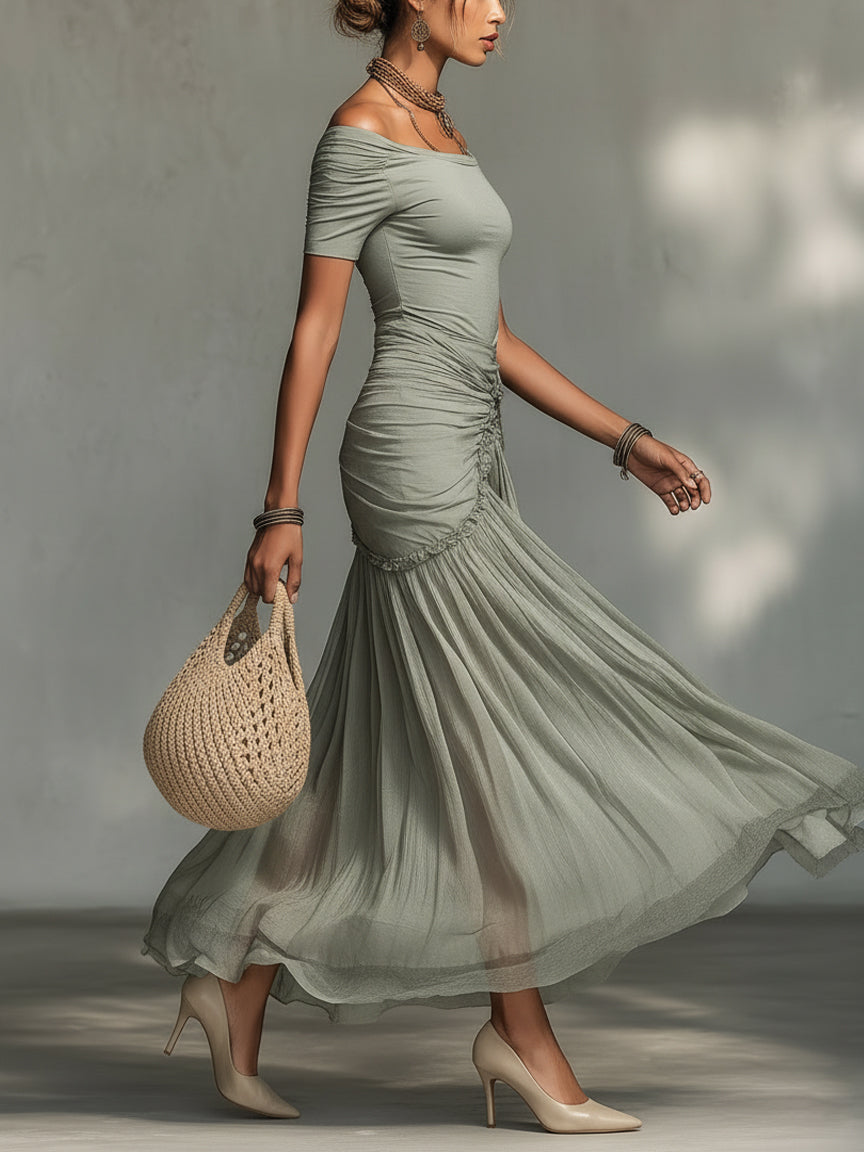 Robe Maxi Grise en Tissu Stretch et Mousseline