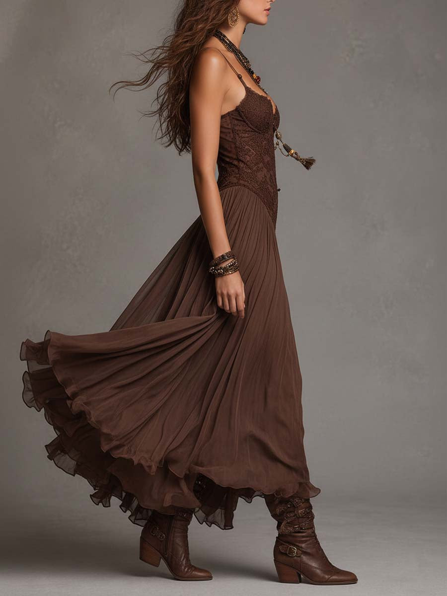 Robe Longue en Mousseline et Dentelle Marron Foncé