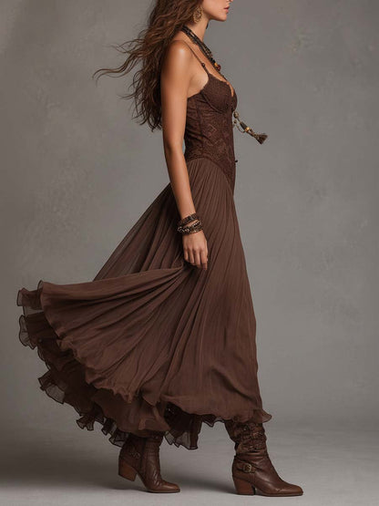 Robe Longue en Mousseline et Dentelle Marron Foncé