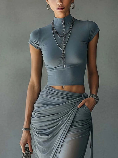 Ensemble Bleu T-Shirt Court et Jupe Drapée en Mesh Semi-Transparent