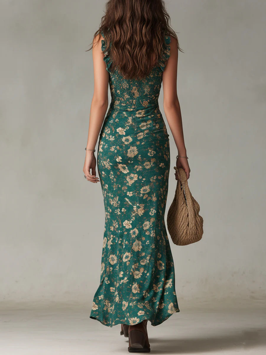 Robe Maxi Bohème Imprimée Verte à Manches Volantées