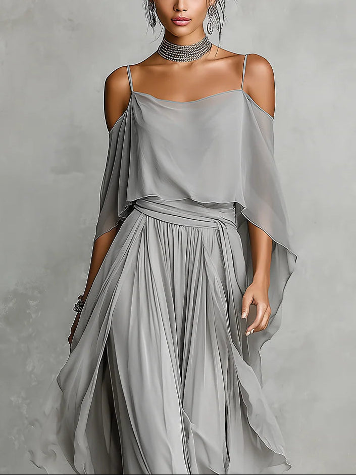 Ensemble Gris en Mousseline avec Débardeur Fluide Épaules Dénudées et Pantalon