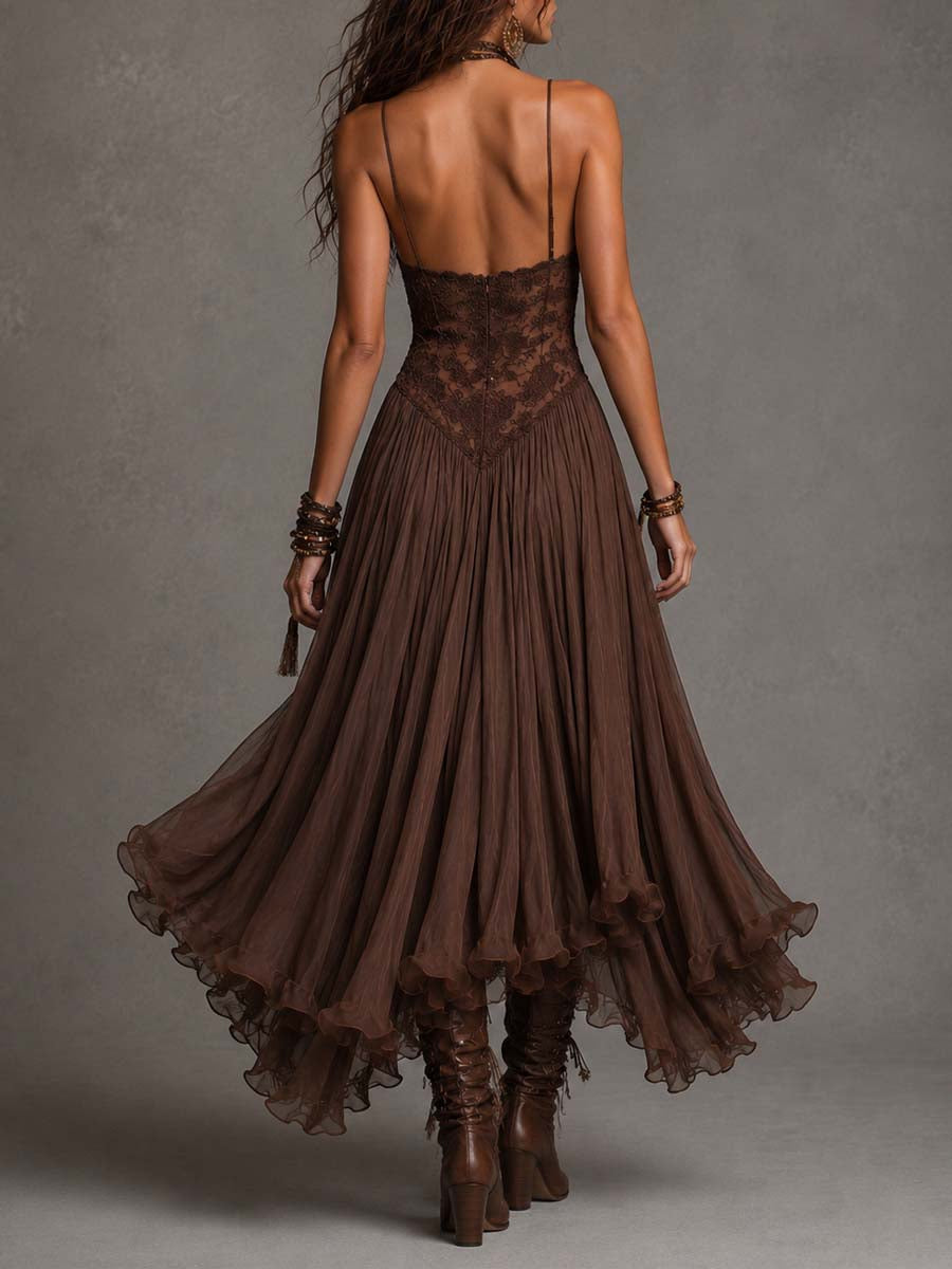 Robe Longue en Mousseline et Dentelle Marron Foncé