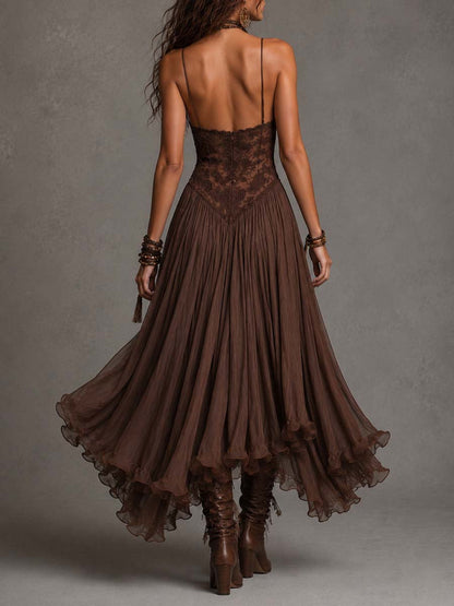 Robe Longue en Mousseline et Dentelle Marron Foncé