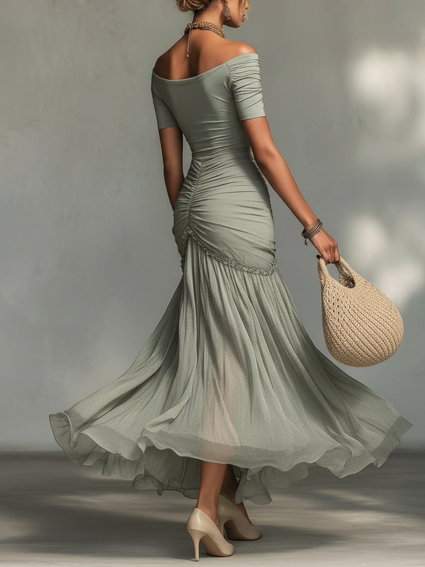 Robe Maxi Grise en Tissu Stretch et Mousseline