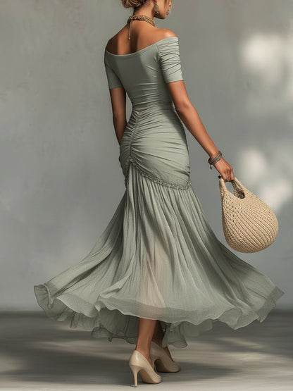Robe Maxi Grise en Tissu Stretch et Mousseline