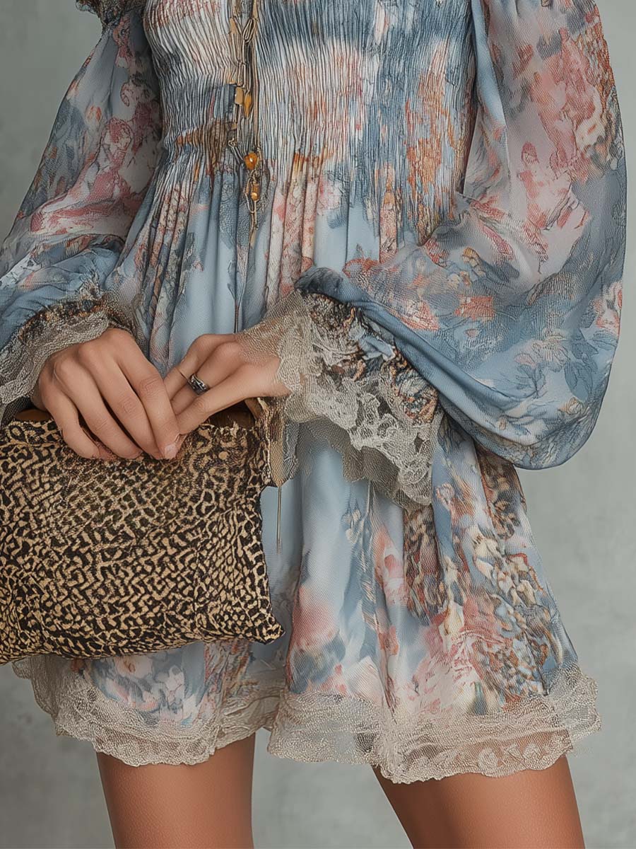 Romane | Mini Robe en Mousseline Froncée Épaules Dénudées à Fleurs Romantiques