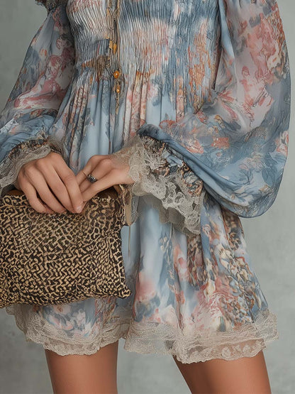 Romane | Mini Robe en Mousseline Froncée Épaules Dénudées à Fleurs Romantiques