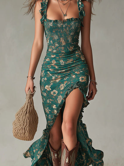 Robe Maxi Bohème Imprimée Verte à Manches Volantées