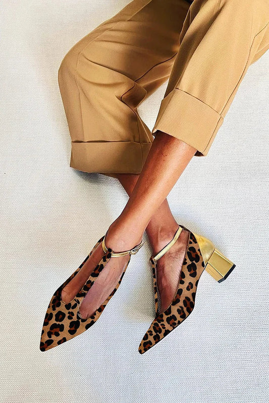 talons épais en cuir PU imprimé à boucle et bout effilé.