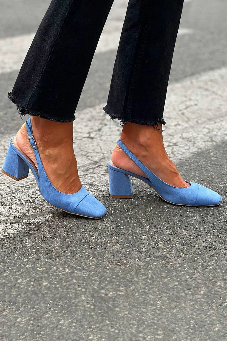 Chaussures à Talon Épais Bleues à Tirette Arrière et Bout Carré Patchwork.