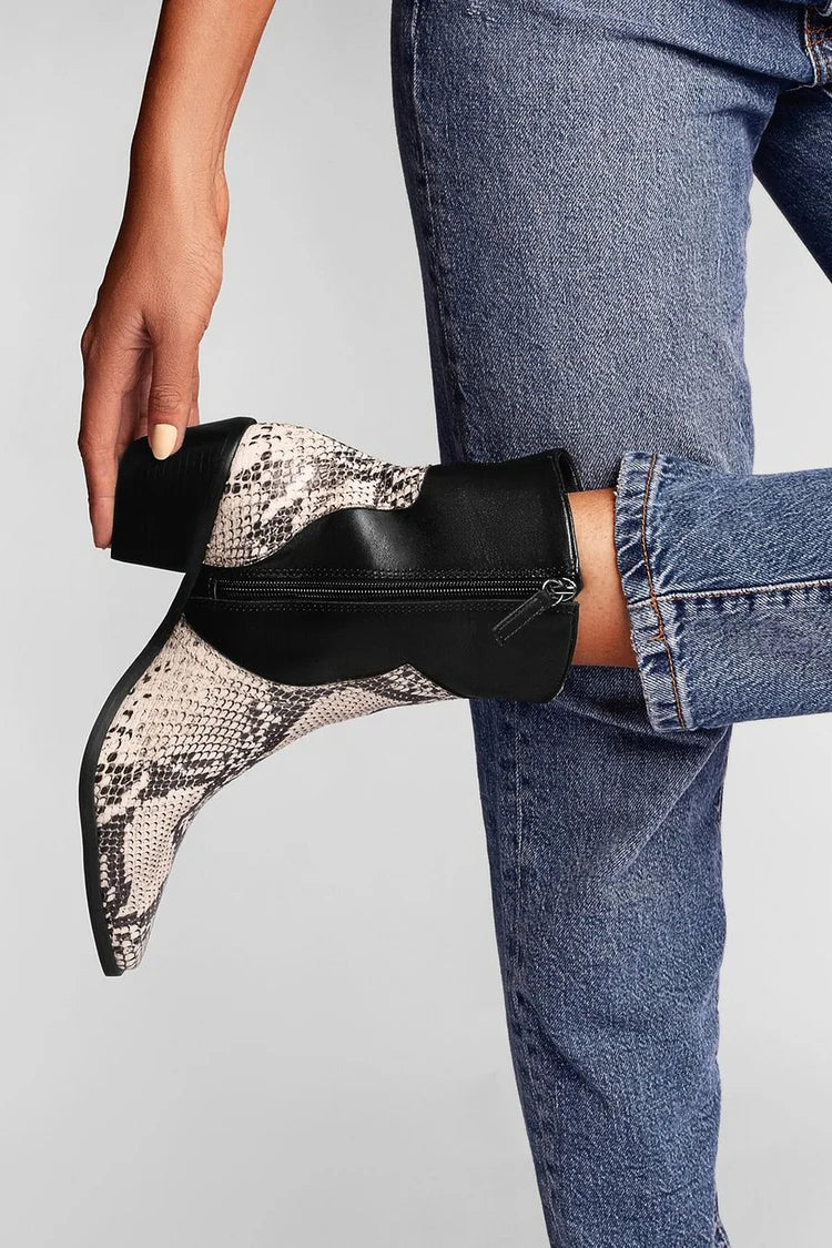 Marthe | Bottes Noires Effet Serpent Pointues à Talon Épais