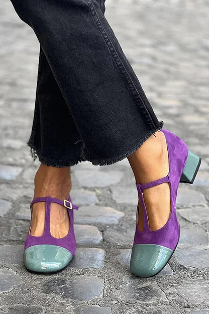 talons chunky violets à bout rond et bride en T à boucle color block.