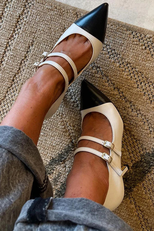 Talons aiguilles pointus color block Blanc à double bride et boucles