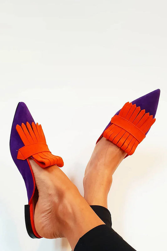 Mules Slip-On Colorblock en Similicuir à Pompons.