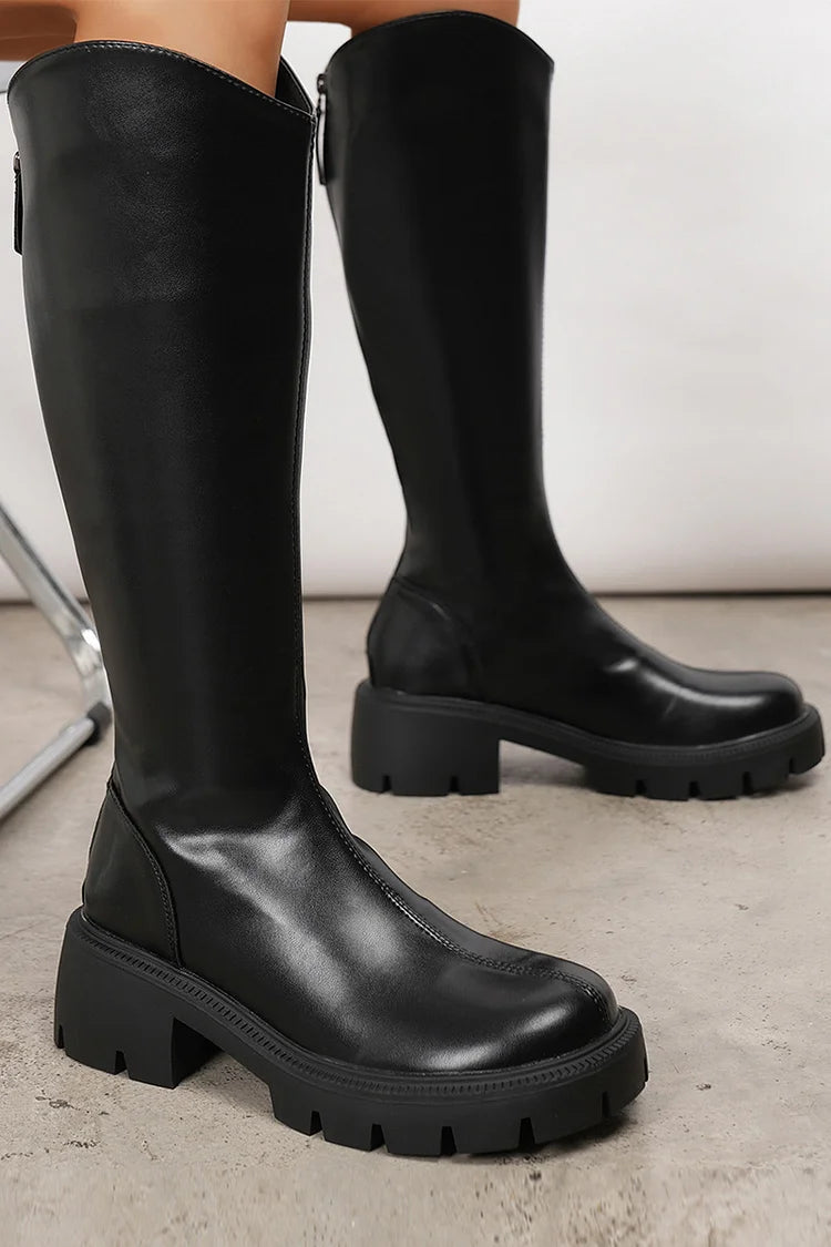 Mélisande | Bottes Hautes Noires à Zip et Talon Épais