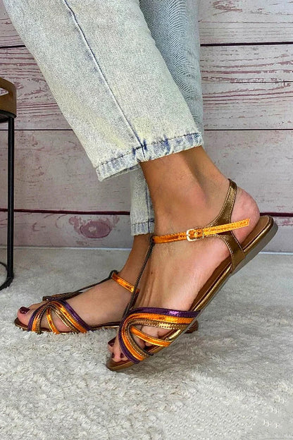 Sandales peep toe Multicolore et Or avec boucle et bride en T