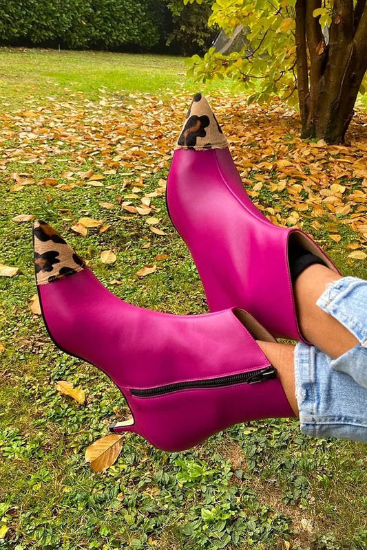 Apolline | Bottines Fuchsia Pointues à Empièces Léopard