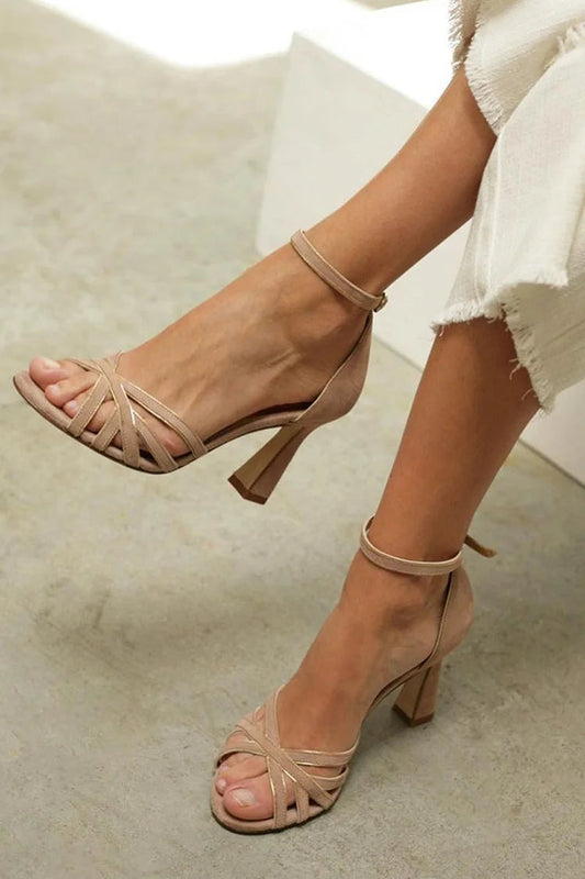 Talons aiguilles peep toe patchwork Marron avec bride cheville et boucle