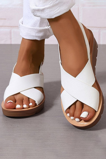 sandales compensées à bride croisée, slingback et boucle, bout ouvert.