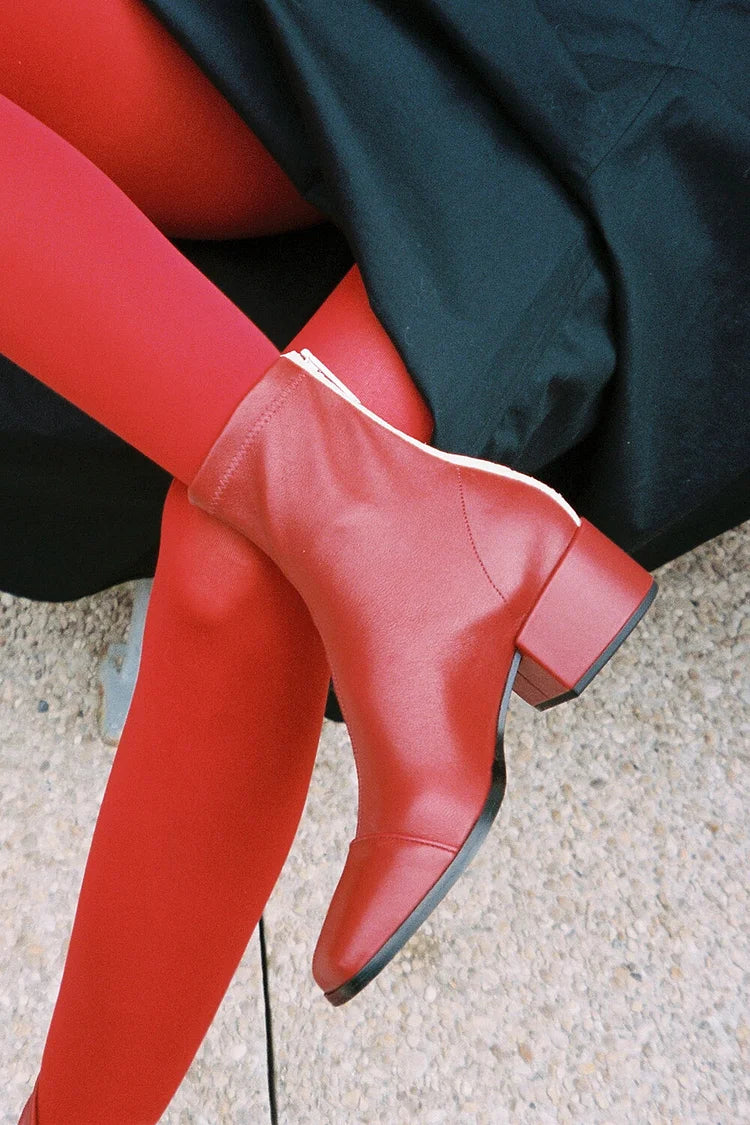 Lise | Bottes Rouges à Bout Carré, Zip et Talon Épais
