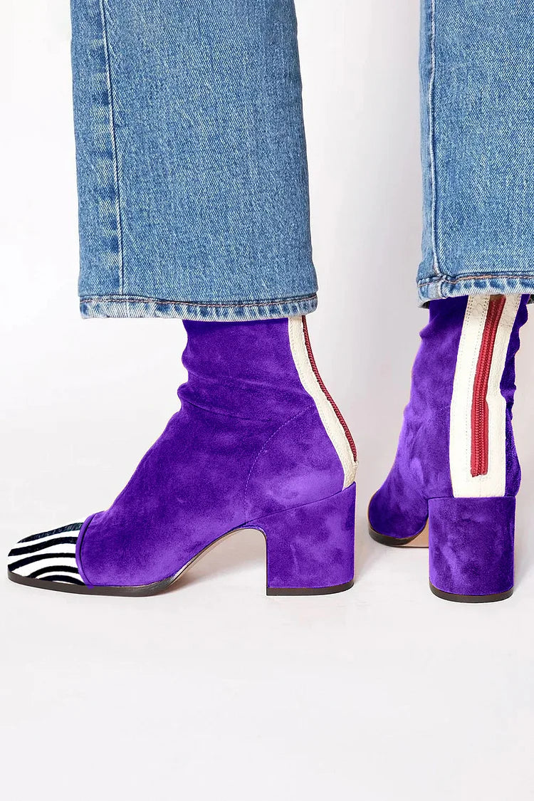 Céleste | Bottes Violettes Zébrées à Bout Carré et Talon Épais