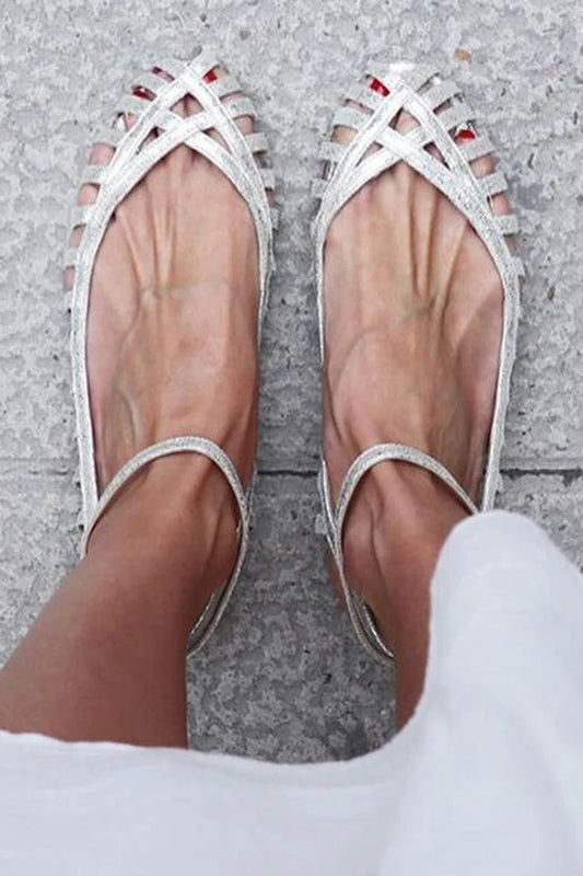 Sandales à découpes Argent à bout rond avec bride cheville