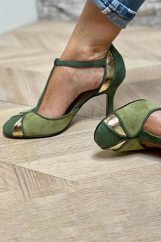 Talons aiguilles patchwork à bout fermé avec boucle et bride en T