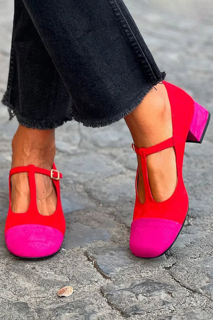 Talons larges patchwork Rouge à bout rond avec boucle et bride en T