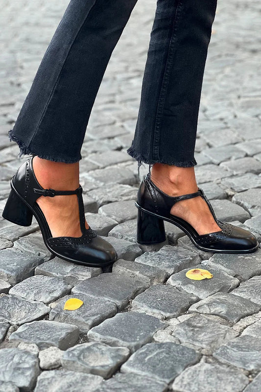 Talons épais Noir unis à bout rond avec boucle et bride en T