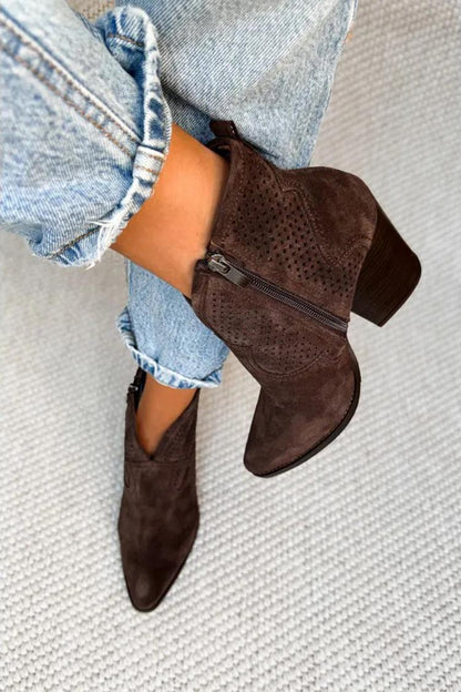 Annabelle | Bottes Marron Foncé Pointues Ajourées à Zip